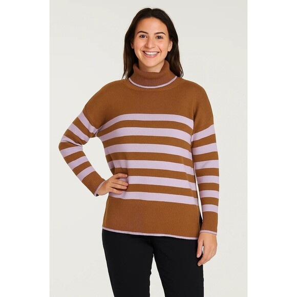 Striped Turtleneck Pullover Sweater – Size XL Camel Brown & Lilac (Tahari) - Picture 1 of 5